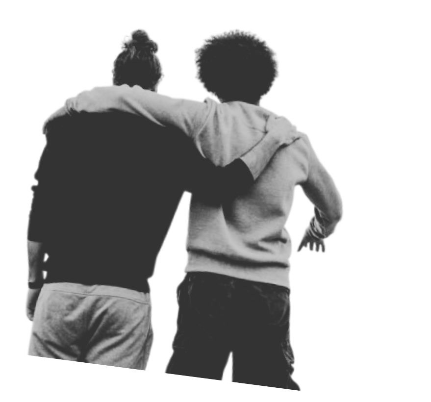 Two friends walking together, arm over shoulder